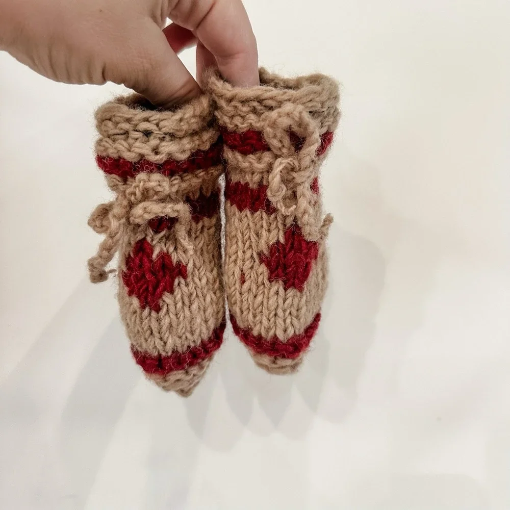 Knit Baby Booties 6-12 Mos Beige Burgundy Maple Leaf Lined Booties Handmade Wool